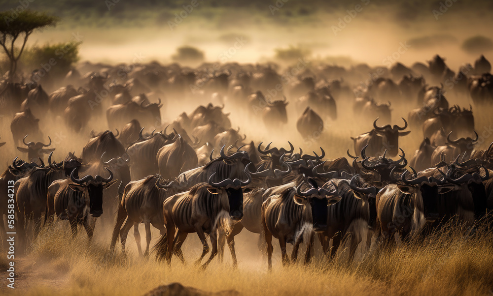 a herd of wildebeest running in the masai mara national park. Generative AI - obrazy, fototapety, plakaty 