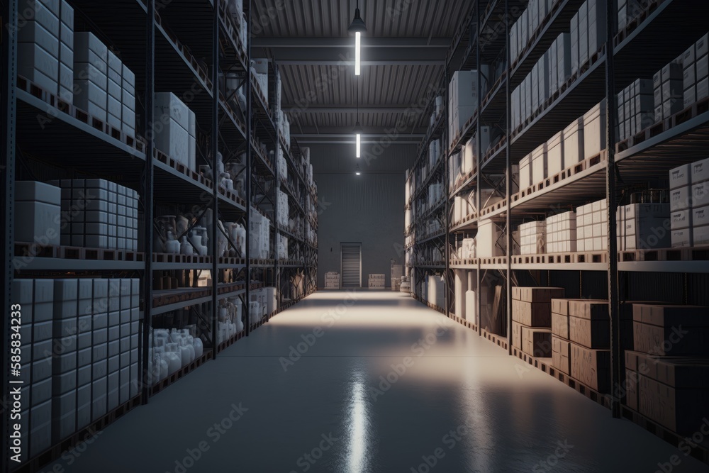 Aisle of modern mega warehouse, AI generated
