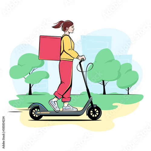 Delivery girl with a thermal bag riding an electric scooter, vector drawing in a comic, cartoon style