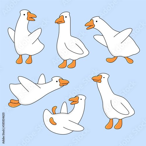 Goose, geese set of illustrations, cute cartoon drawings. Animal character in various poses