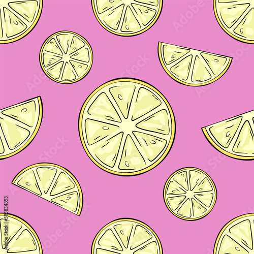 Lemon seamless pattern, background. Lemon halves and slices illustration in a comic, cartoon style.