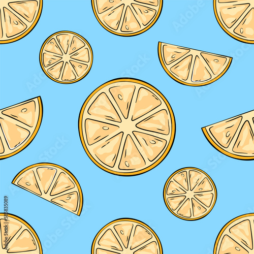Orange seamless pattern, background. Orange halves and slices illustration in a comic, cartoon style.