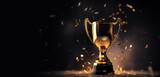 Generative AI, Winner trophy with flames, golden champion cup with falling confetti on dark background