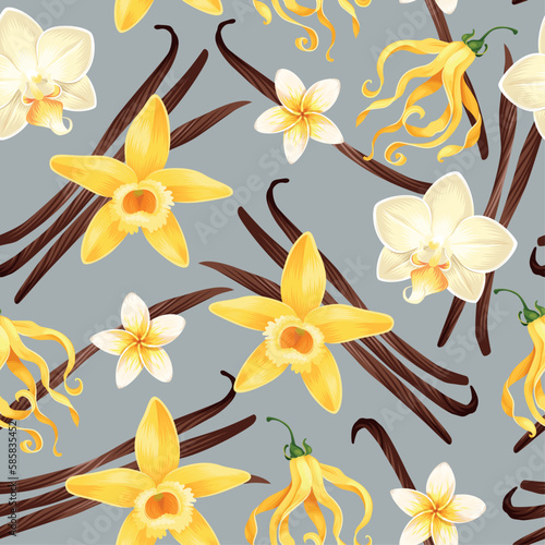 Seamless pattern with vanilla pods and flowers