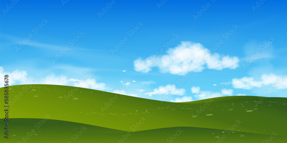 Spring Nature Background of Green Field Landscape with Blue Sky,Horizon Summer rural with grass land on hills with Morning Sky.Vector Cartoon banner for Easter,Earth day,Ecology concept