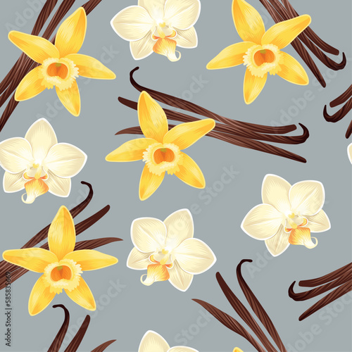 Seamless pattern with vanilla pods and flowers