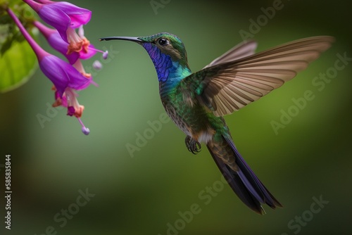 Violet - crowned Woodnymph hovers near a brightly colored flower, its shimmering green and purple feathers Generative AI