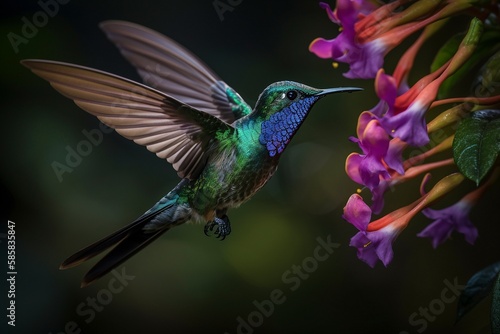 Violet - crowned Woodnymph hovers near a brightly colored flower, its shimmering green and purple feathers Generative AI © Digital Dreamscape