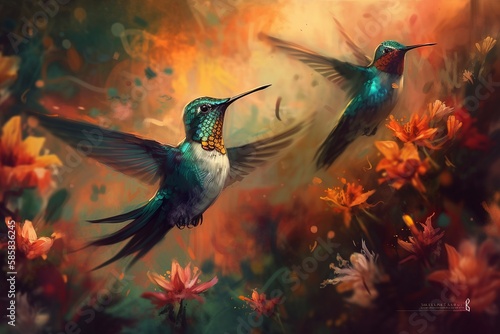 Graceful Hummingbirds in Mid-Flight Feeding on Vivid Flowers by Generative AI © Digital Dreamscape