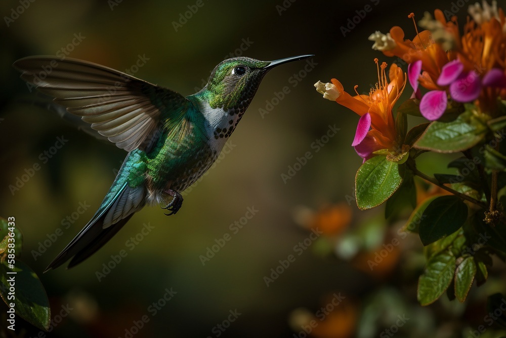Brilliant Andean Emerald Hovering Mid-Air with Reflective Green Feathers by Generative AI Brilliant Andean Emerald Hovering Mid-Air with Reflective Green Feathers by Generative AI