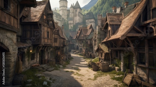 Vászonkép An illustration of the small medieval fantasy village