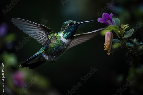 Iridescent Beauty: Black-Throated Mango Hummingbird and Colorful Flower Generative Ai