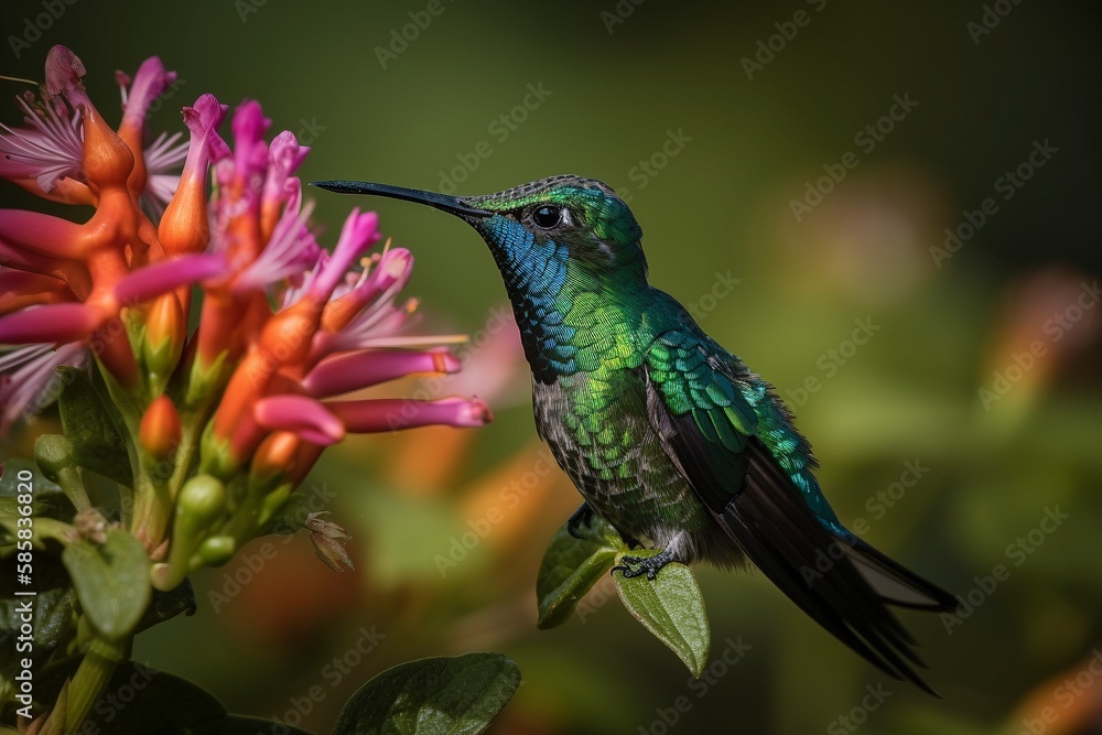 Obraz premium Shimmering Blue-Tailed Emerald A close-up of a hummingbird hovering near a vividly hued flower. Generative ai