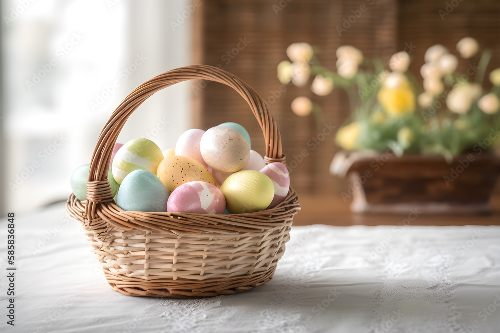a wicker basket filled with easter eggs on a table