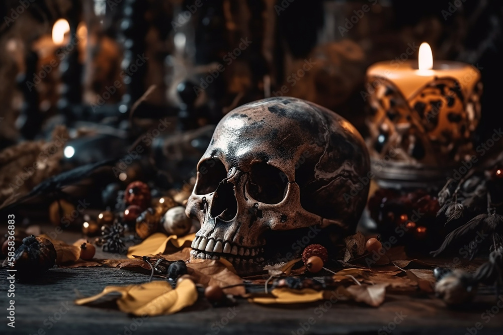 Decorative Skull with candles and dry autumn leaves. Halloween decoration of a witch house. Wallpaper, poster created with Generative AI Decorative Skull with candles and dry autumn leaves. Halloween decoration of a witch house. Wallpaper, poster created with Generative AI