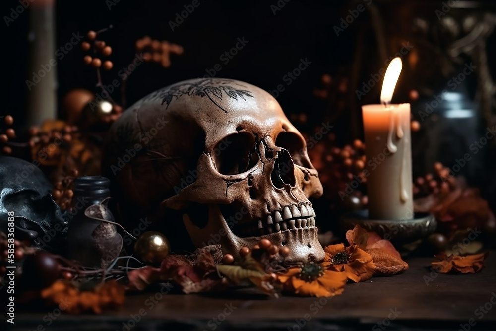 Decorative Skull with candles and dry autumn leaves. Halloween decoration of a witch house. Wallpaper, poster created with Generative AI Decorative Skull with candles and dry autumn leaves. Halloween decoration of a witch house. Wallpaper, poster created with Generative AI