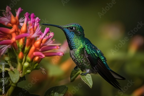 Shimmering Blue-Tailed Emerald A close-up of a hummingbird hovering near a vividly hued flower. Generative ai
