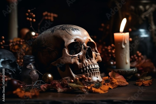 Decorative Skull with candles and dry autumn leaves. Halloween decoration of a witch house. Wallpaper, poster created with Generative AI