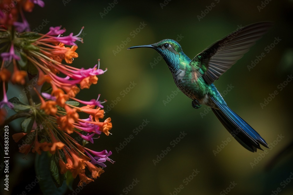 Obraz premium Long - tailed Sylph Hovers Near Cluster of Flowers, Generative AI