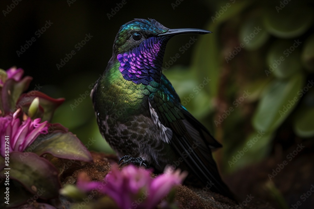 Obraz premium Purple - throated Mountain - gem in Flight: Stunning Generative AI Image of Hummingbird and Flowers