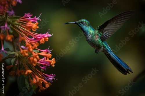 Long - tailed Sylph Hovers Near Cluster of Flowers, Generative AI
