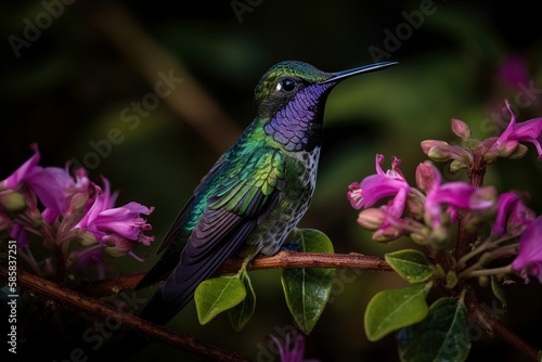 Purple - throated Mountain - gem in Flight: Stunning Generative AI Image of Hummingbird and Flowers