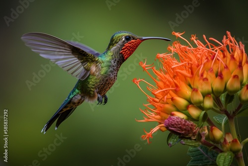 Rufous-Tailed Hummingbird in Flight: Vibrant Orange-Red Feathers and Long Tail - Generative AI © Digital Dreamscape