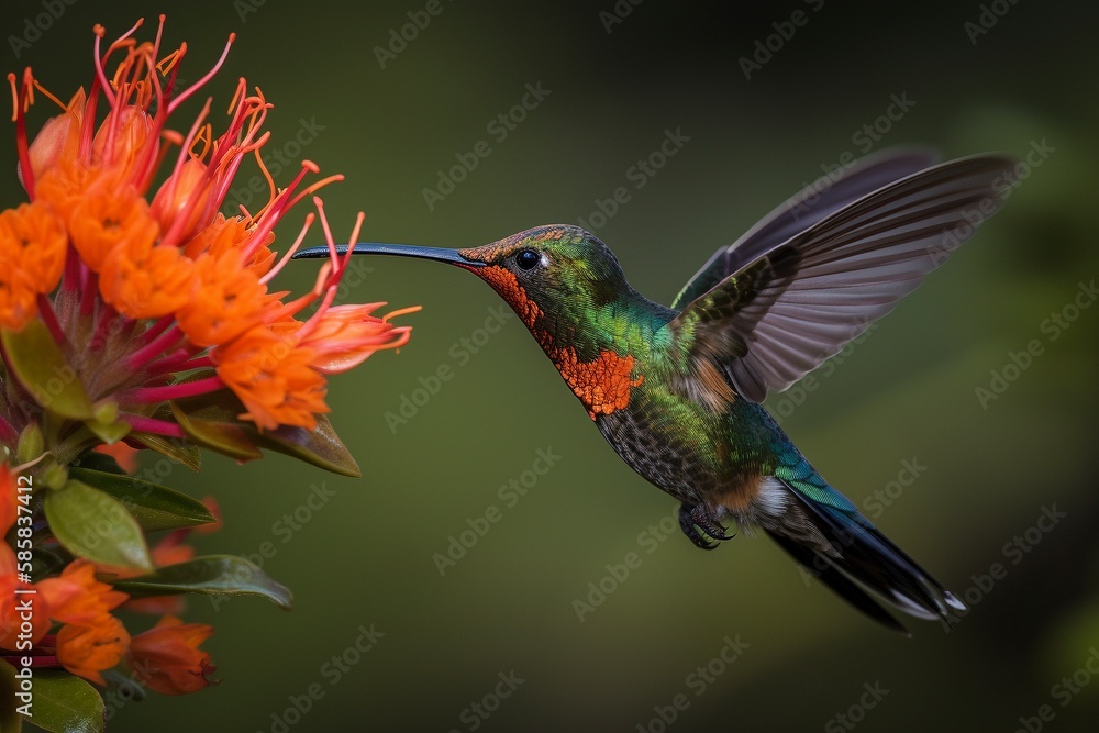 Fototapeta premium Rufous-Tailed Hummingbird in Flight: Vibrant Orange-Red Feathers and Long Tail - Generative AI