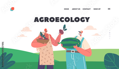Agroecology Landing Page Template. Farmer Characters Proudly Holding Watermelon And Beet Crop In Hands