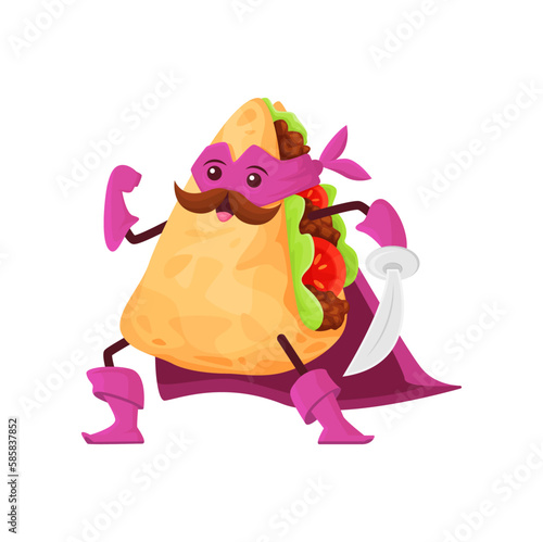 Cartoon mexican quesadilla superhero character. Funny vector powerful super hero tex mex kids menu personage with saber in hand, cape, boots, gloves and mask. Isolated fairy tale food of Mexico