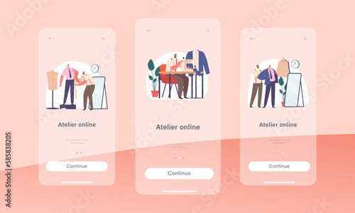 Online Atelier Mobile App Page Onboard Screen Template. Tailor And Customer Characters At Fashion Studio Workshop