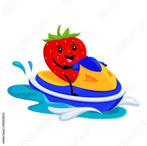 Cartoon strawberry berry fruit character riding water bike on summer holidays. Isolated vector vitamin food personage indulging in outdoor recreation at sea unwinding by ocean during tropical vacation