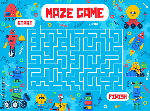 Labyrinth maze, help cartoon robots and droids to find exit, kids game worksheet. Vector puzzle quiz with rectangular labyrinth and funny characters of robot toys, space machines and humanoid cyborgs