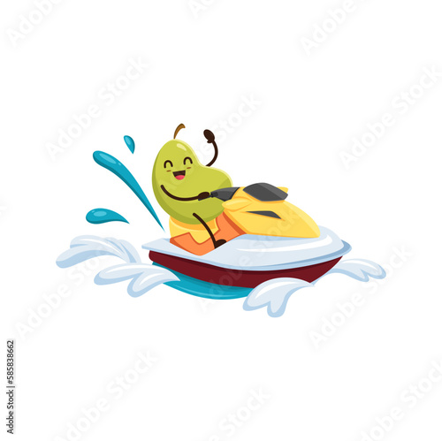 Cartoon pear comical fruit character riding water bike on summer holidays. Isolated vector fruit personage indulging in outdoor recreation and relaxation at sea unwinding by ocean during vacation
