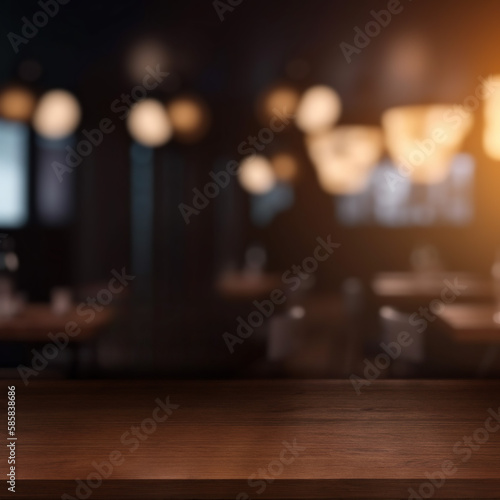 Empty wooden table in front of blurred pub background