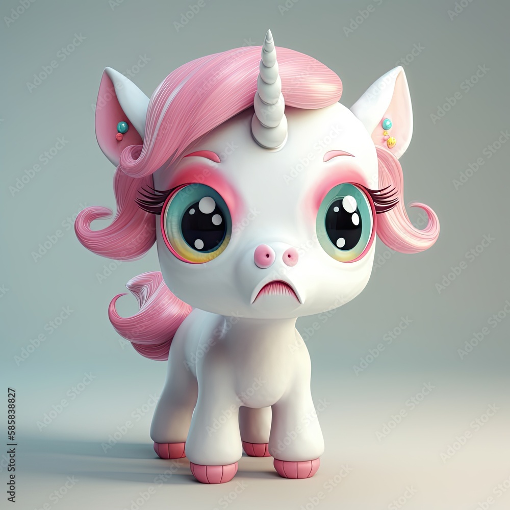 A Creative, Little Fairy Pet - Cute 3D Unicorn Horse with White and Pink Hair, Big Eyes, and Cartoon Character Kids Illustration. Generative AI