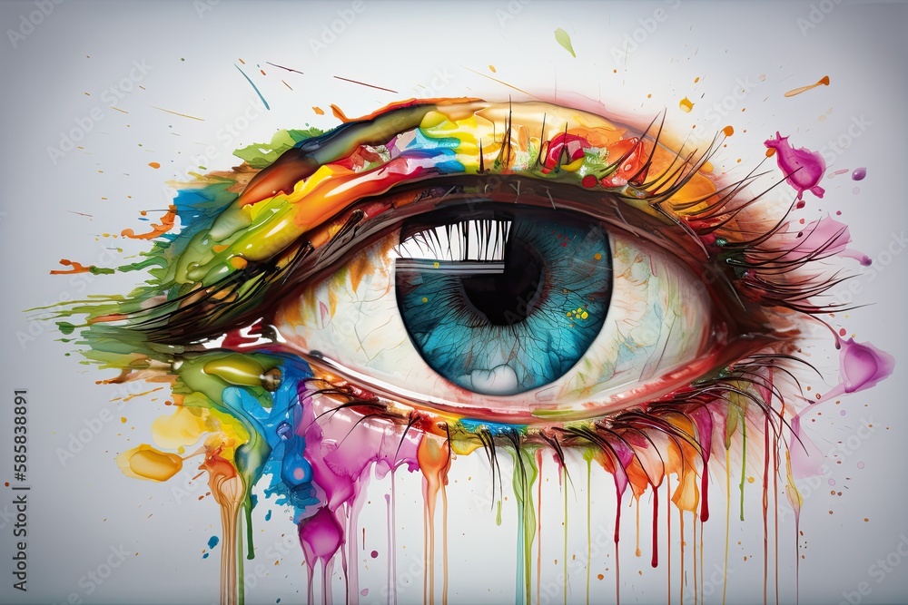 A Woman's Eye is a Splash of Colourful Expression - Painted with a Rainbow Iris and Drip of Green Tear: Generative AI