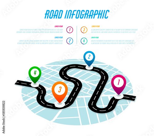 Road infographic, vector map timeline template with banner route lone, navigation pins and information. Automobile trip or journey with stops at important places. Additional data about destinations