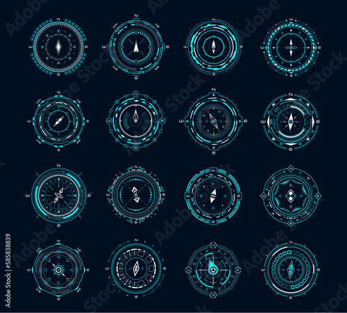 HUD compass, futuristic vector set of optical round aiming, sci-fi spaceship dashboard neon glowing elements. Aim control panel or navigation interface. Modern techno display, digital focus indication