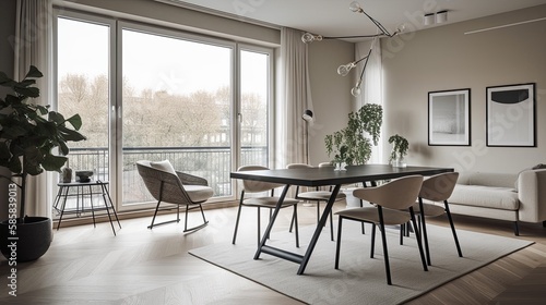Modern Scandi-Chic: Dining Area with Potted Plants in a Pristine Living Room with Beige Sofa. Generative AI