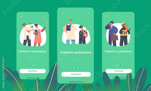 Mobile App Page Onboard Screen Template. Kid Profession Policeman, Firefighter And Doctor With Teacher