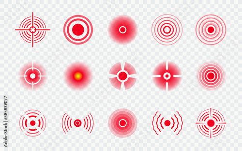 Pain points. Vector sick places localization marks isolated vector icons set. Red circular elements with targets and wavy extensions. Unpleasant physical sensations of varying intensity and body aches