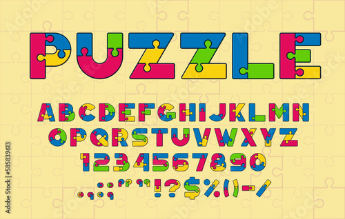 Puzzle font or type. Jigsaw typeface alphabet. Vector colorful uppercase letters, numbers and signs made of multicolored connected pieces. Alphabetical typography symbols in childish playful style