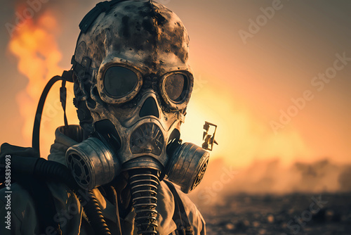 Military man in gas mask for chemical protection, apocalyptic smoke in desert background. Nuclear pollution, environmental disaster concept. Futuristic post apocalypse stalker soldier, male face