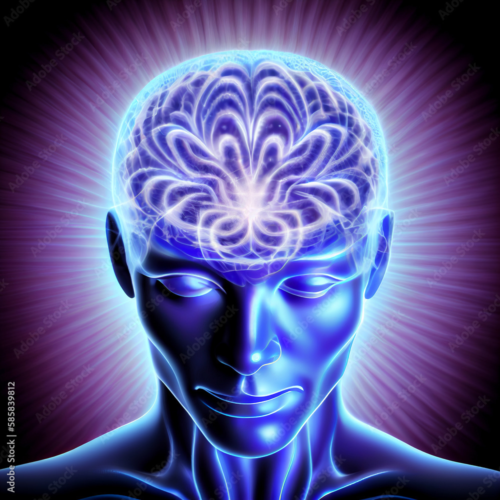 Obraz premium Man with brain waves, spirituality, meditation and frequency healing, power of consciousness, generative AI