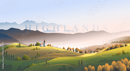 Minimalist vector landscape with silhouettes of mountains and a village. Typical European village. Illustration for website or print. (ID: 585839842)