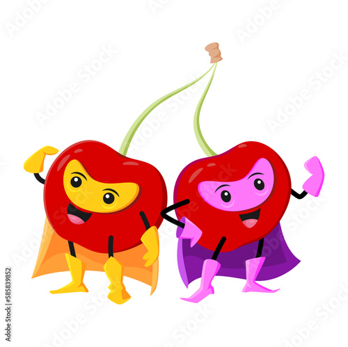 Cartoon cherry berry superhero or defender characters. Vector merry twin cherries super hero personages joined with stem. Isolated fruits in cape, boots, gloves and mask. Funny healthy vitamin food