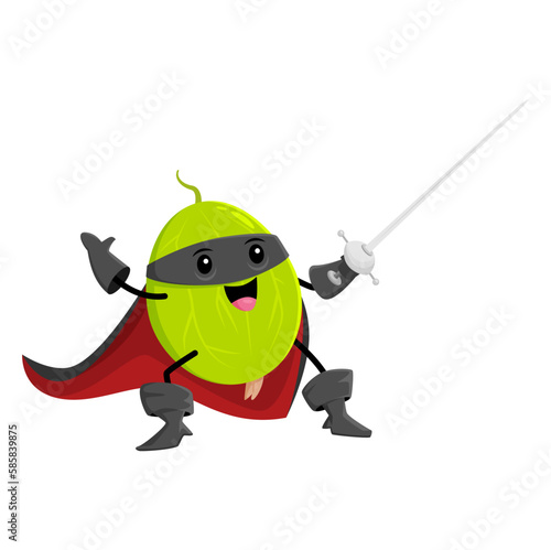 Cartoon gooseberry superhero character in black cape and mask fence with rapier. Vector funny berry defender in cloak and mask. Powerful super hero brave vitamin plant, cheerful fairytale personage