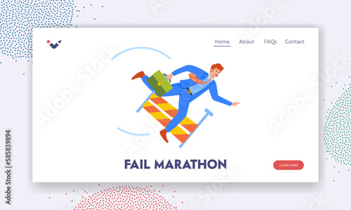 Fail Marathon Landing Page Template. Man Falling Over An Obstacle During Business Race. Male Character Faced Problems