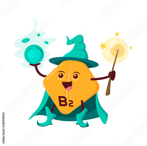 Cartoon vitamin B2 wizard character. Vector funny riboflavin capsule sorcerer personage holding magical staff and energy ball. Isolated positive micronutrient pill wearing long witch cloak and pointed